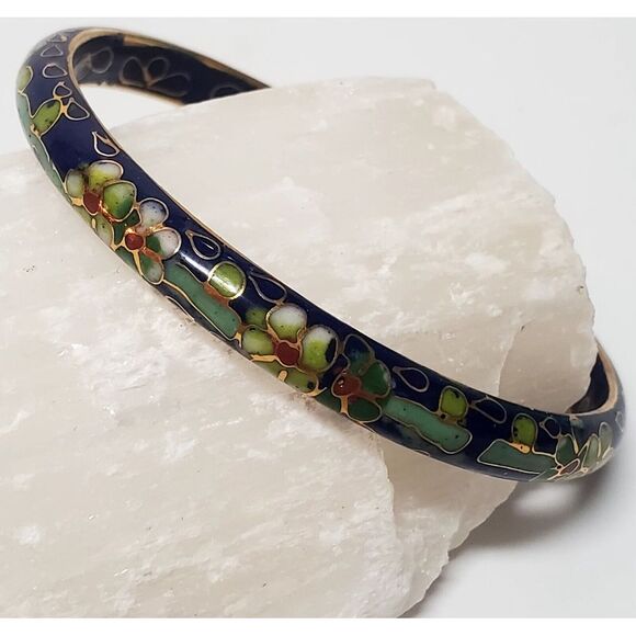 VTG Estate Cloisonne Bracelet Bangle Navy Blue/Gold/Green/Rust Interior Finish - Picture 1 of 10